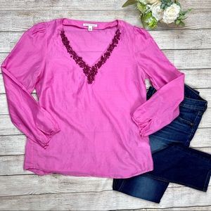 Hot pink beaded v neck blouse sz L